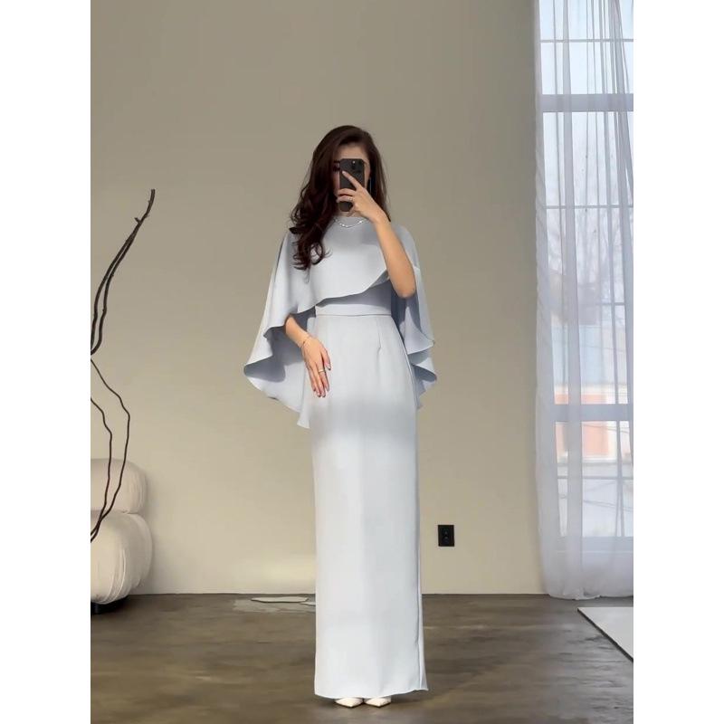 European and American 2024 Solid Color Satin Batwing Shawl Dress with Long Sleeves