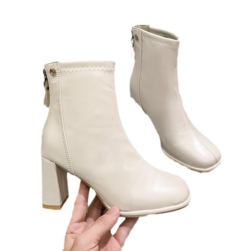 Short boots women's high heel thick heel 2024 new boots white French square head autumn and winter short boots fashion low tube thin boots
