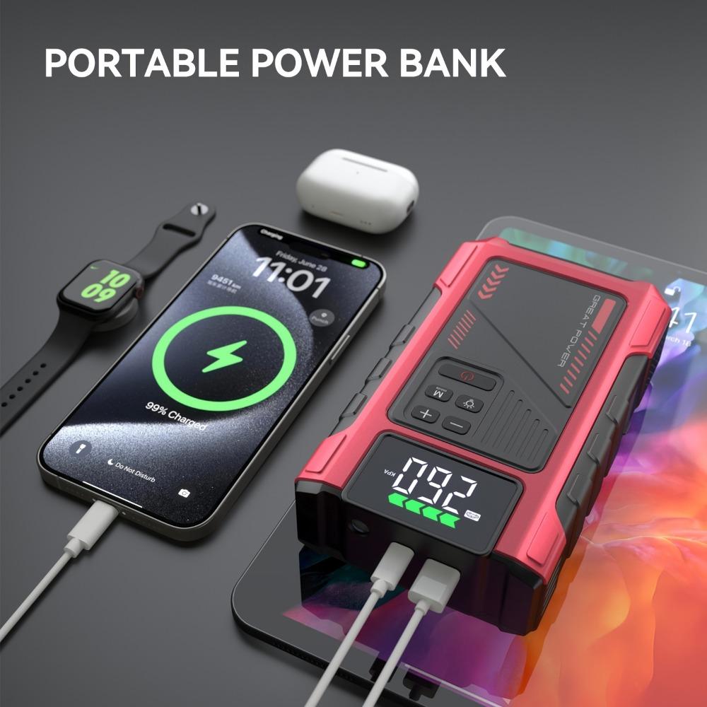 Portable Car Air Compressor and Emergency Starter with LED Emergency Light, 3000A Peak Power, 12V for Petrol/Diesel Vehicles, USB Input/Output