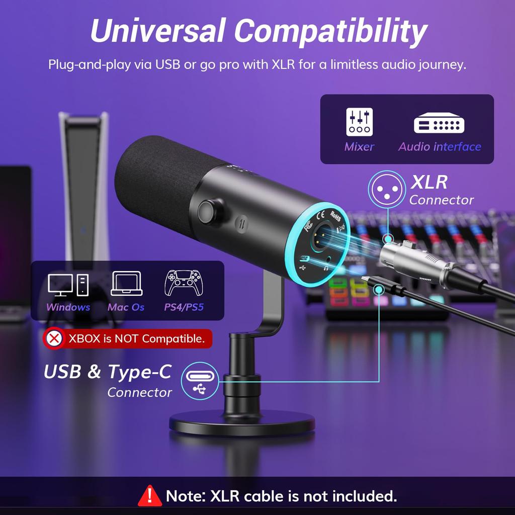 TONOR Dynamic TD510 AIR S USB/XLR Microphone, Unidirectional, PC/PS4/PS5 Compatible, RGB, Gaming/Streaming Use, Black,