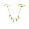 2026 New Arrived Fashion Women Jewelry Geometric Bezel CZ Drop Charm Tassel Chain Double Finger Ring Gold Plated