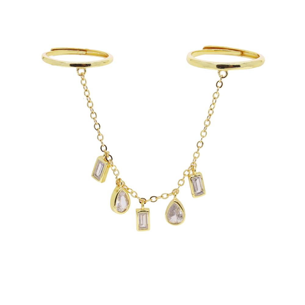 2026 New Arrived Fashion Women Jewelry Geometric Bezel CZ Drop Charm Tassel Chain Double Finger Ring Gold Plated