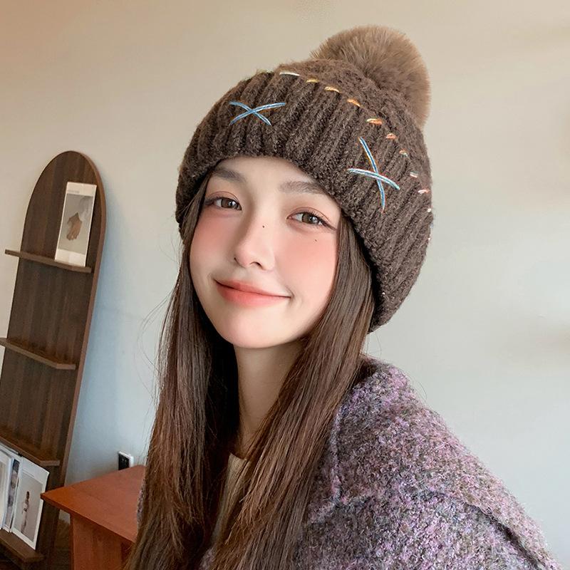 Knitted hat women's velvet thickened warm cold hat versatile ear protectors loose big head circumference hairball wool hat