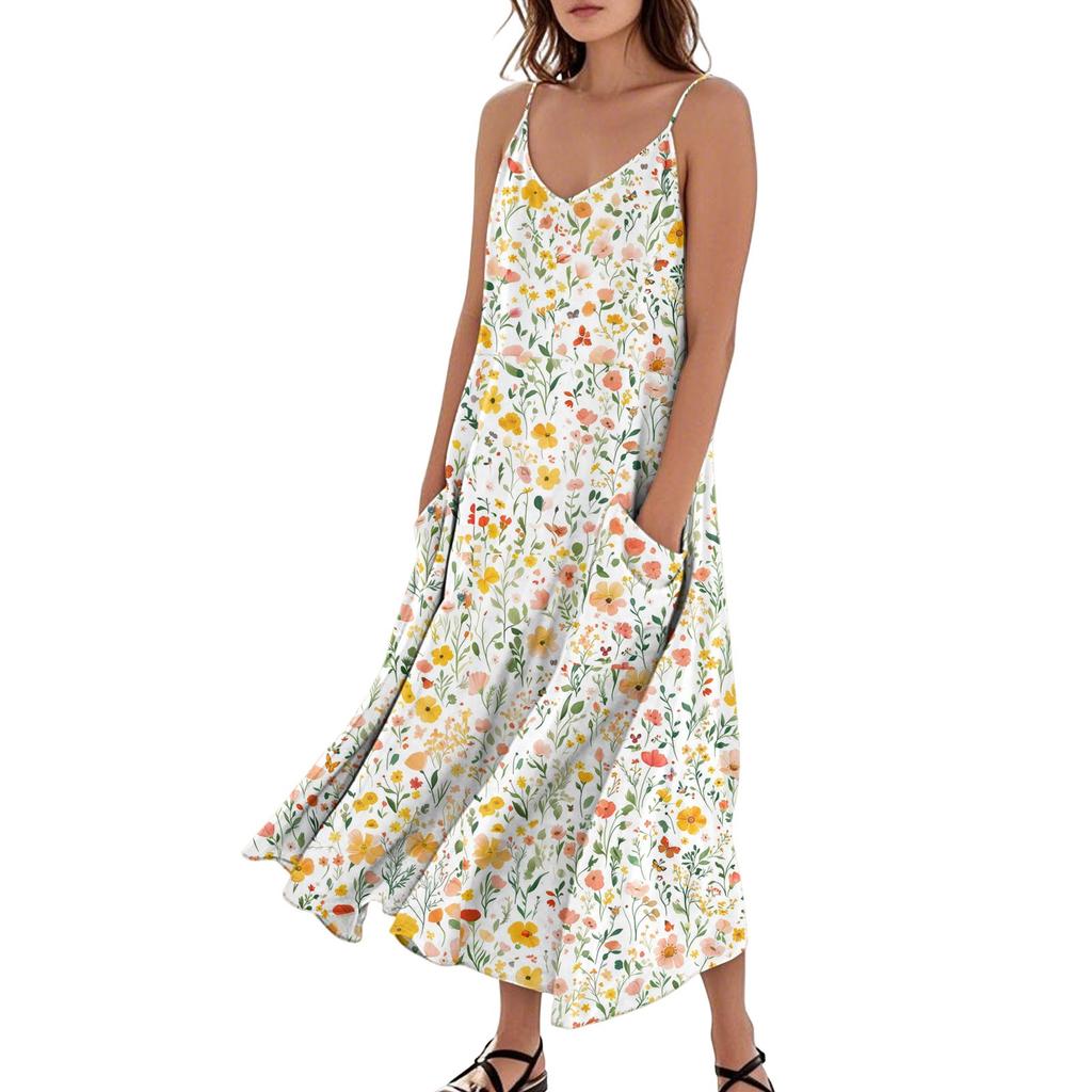 Women's Casual V Neck Floral Print Sleeveless Pocket Suspender Dress