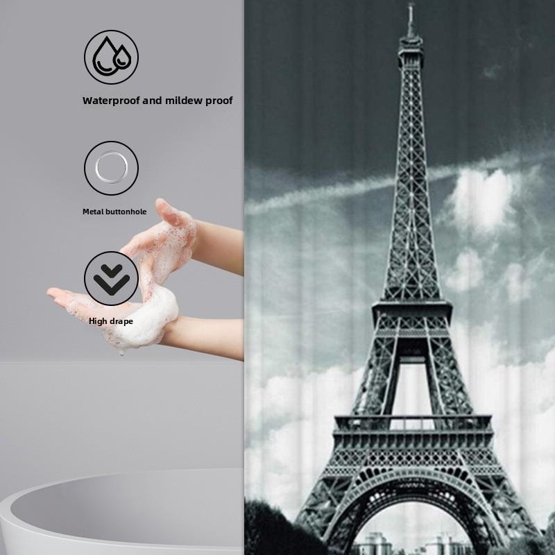 Eiffel Tower Themed Polyester Shower Curtain With Urban Night Scene For Home Improvement