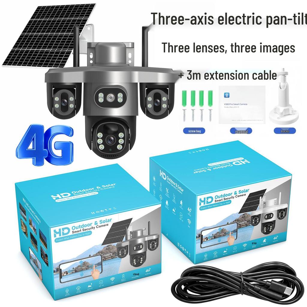 V380 4G Solar Camera with Three-Lens, Three-Axis Gimbal for Home Monitoring - Wireless, Low Power Battery.