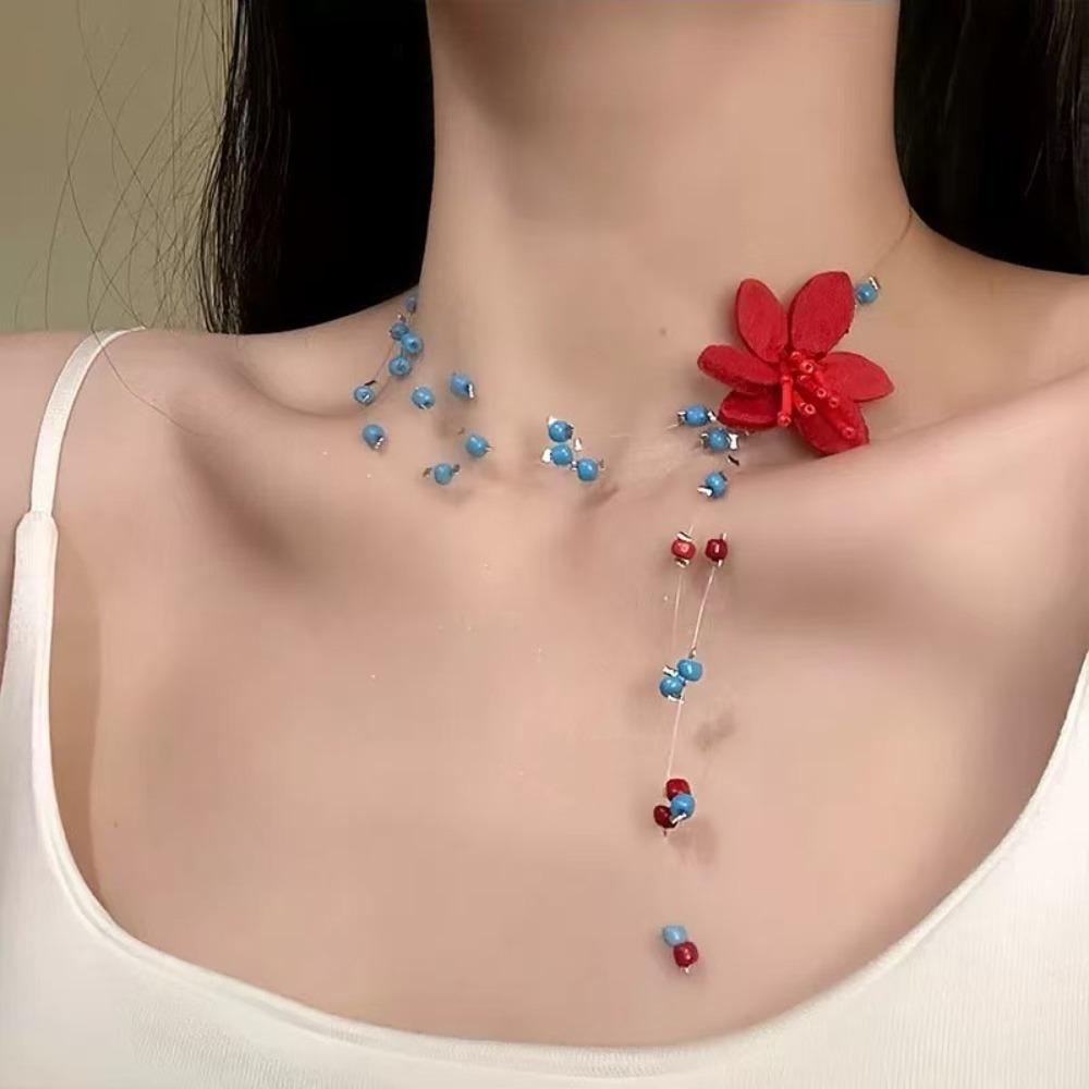 Contrasting Color Collarbone Chain High-end Women's Necklace Elegant Beaded Flower Necklace  Women