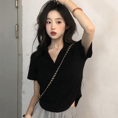 Summer Short Sleeve Lapel Top Women'S Solid V-Neck Pullovers Retro Sweet Shirts Hot Girl Crop Top Female Slim Versatile Tee