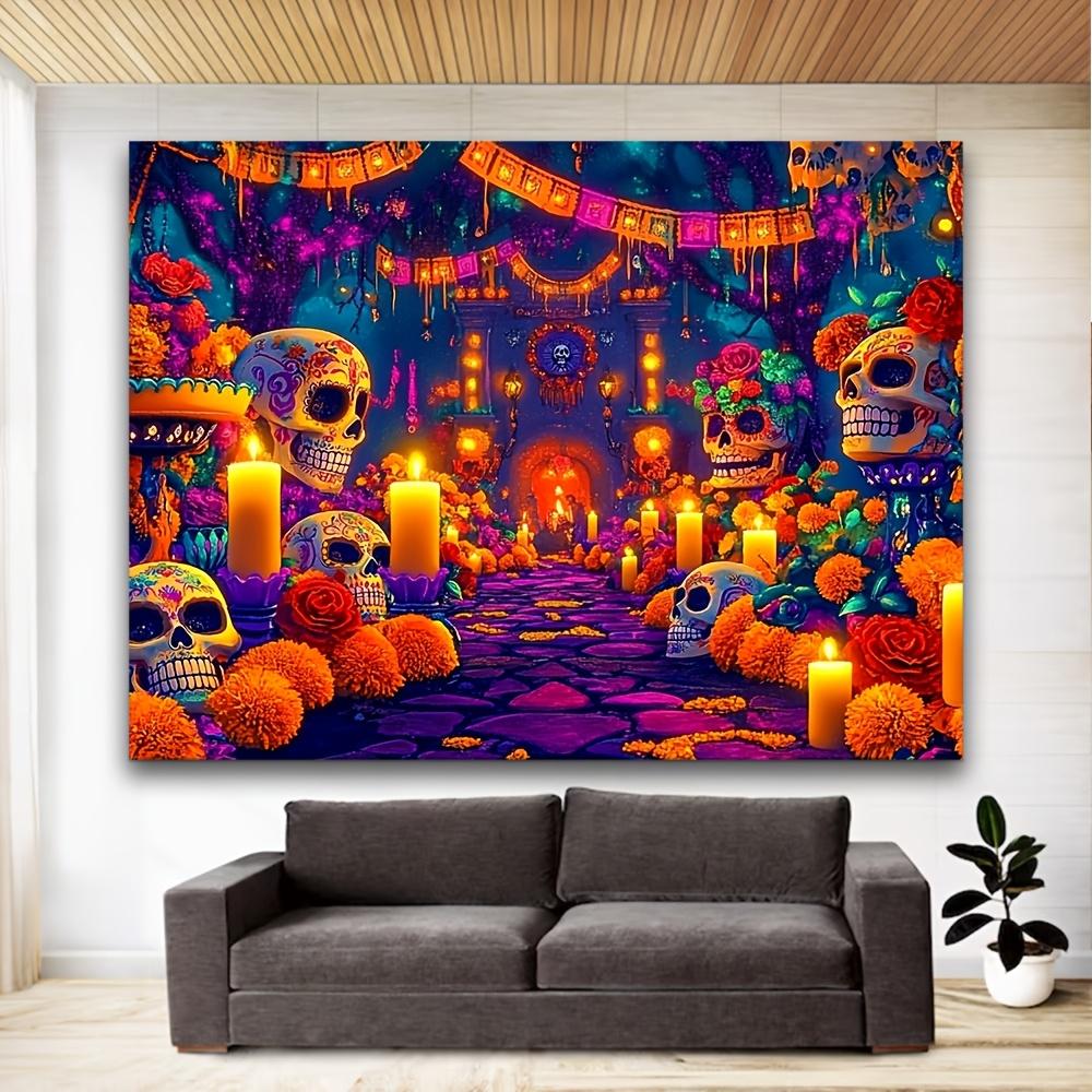 One Polyester Background Fabric for Dia De Los Muertos, Featuring Skulls and Flowers Design, for Indoor Party Decoration Banner