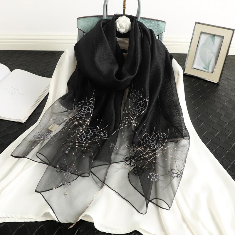 Silk scarf women's fashion silk wool thin foreign style long mulberry silk cheongsam with embroidered flowers gift red scarf