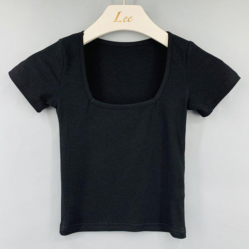 Casual Cotton Slim T-Shirt Women Short Sleeve Tee Shirt Sexy Crop Tops 2022 Summer Square Collar White Tshirt Blusas Mujer 20505