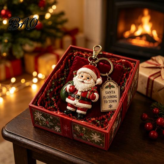 Holiday Keychain for Christmas with Gift Box, Cute Santa Claus Snowman Highland Cow Festive Accessories DIY Reindeer Bag Charm, Keyring Pendant, Gifts