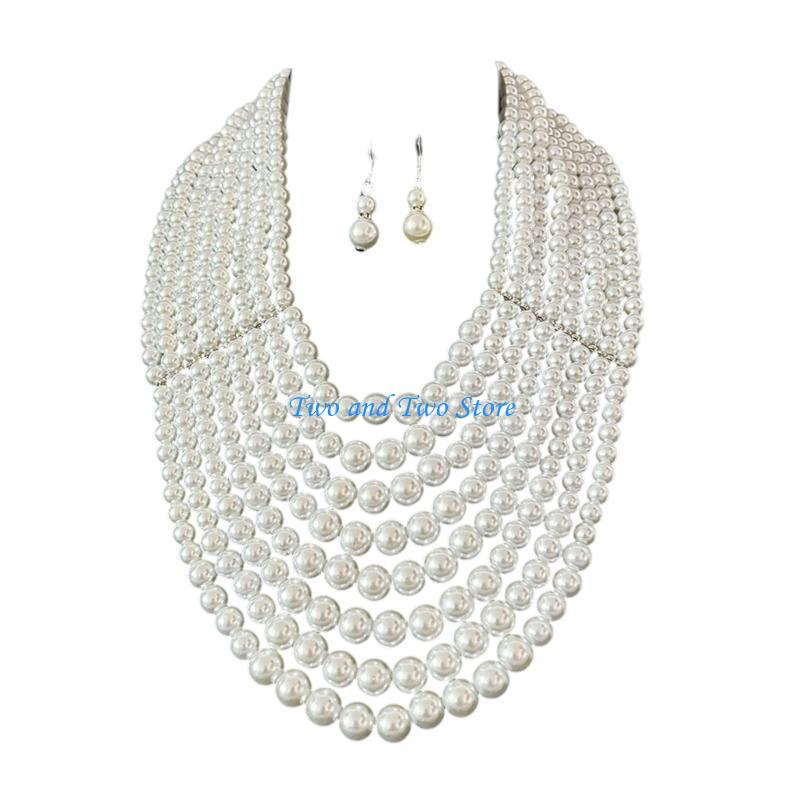 HX6F Luxurious Textured Imitation Pearls Necklace Earrings Set Versatile Accessory
