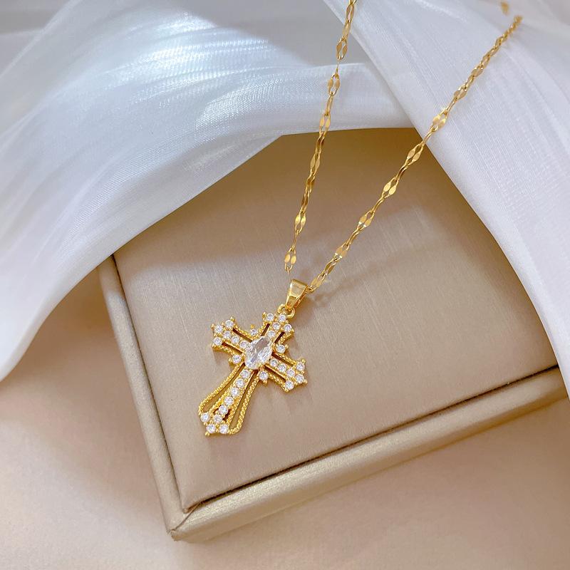 Cross Light Luxury Temperament Gorgeous Full Diamond Necklace Female Versatile Collarbone Chain Titanium Steel Chain