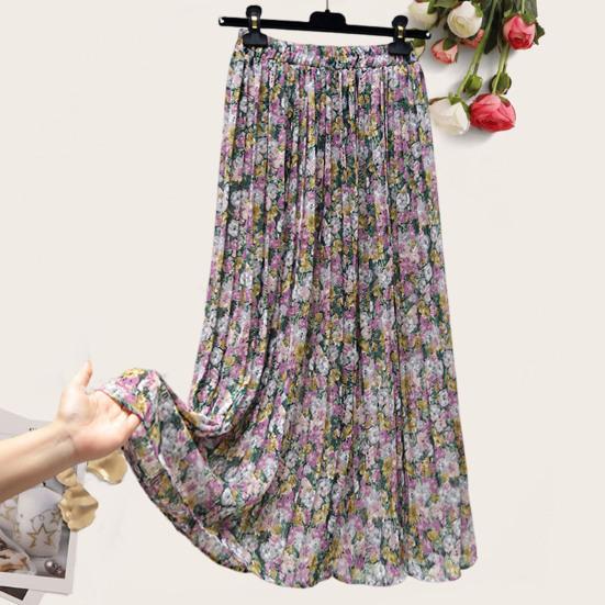 Blommig kjol Resår i midjan Utsökt mönster Extra mjuk Färgäkta Lös passform Uppklädd Polyester Sommar Blomtryckt Klänning Kvinnor Plisserad kjol