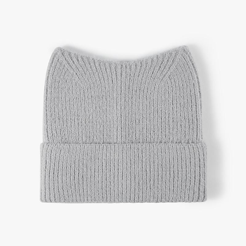 Unisex Ski Knitting Hat Cute Cat Ear Ribbed Nylon Beanie with Custom Design One Size серый