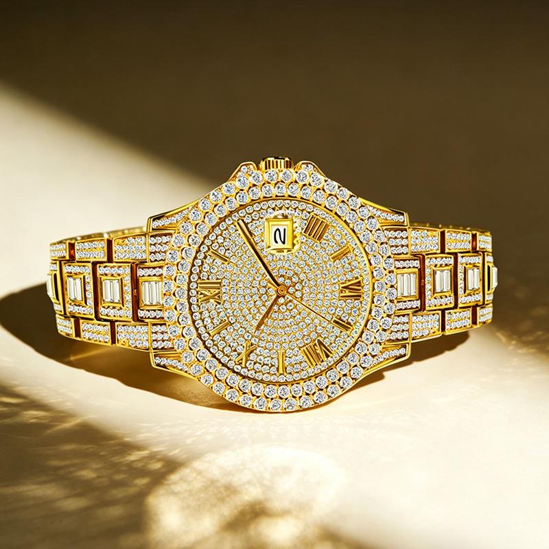 Men Luxury Full Diamond Quartz Watch Roman Numeral Date Display Iced Out Hip Hop Wrist Watch Waterproof