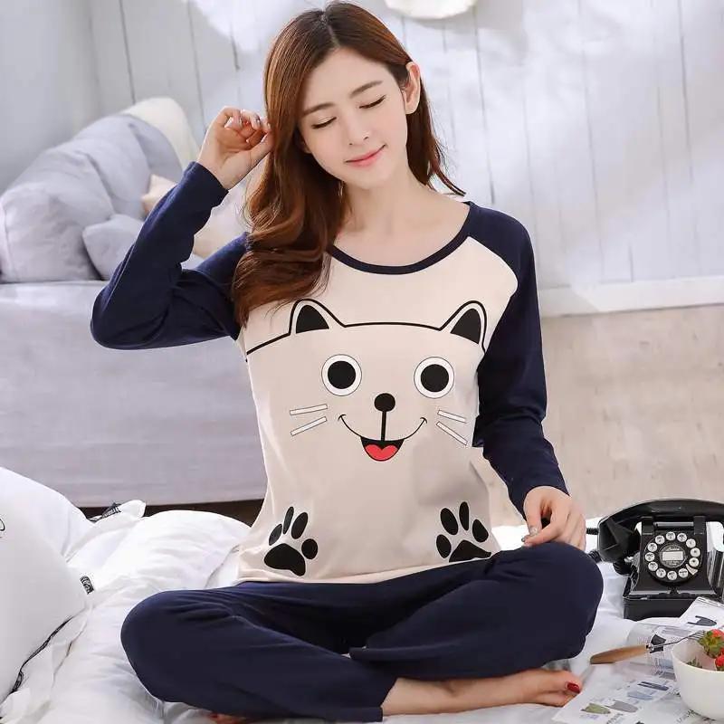 Herbst Dünnes 2-teiliges Pyjama-Set Damen Baumwolle Rundhals Mädchen Bären-Pyjama-Sets Teetassen-Katze Vollständige Nachtwäsche Oberteile Schlafanzug Mujer
