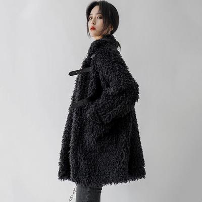 Black Lamb Wool Coat for Women's Autumn and Winter High-necked Temperament, Thin and Thickened Imitation Fur Long-haired Coat