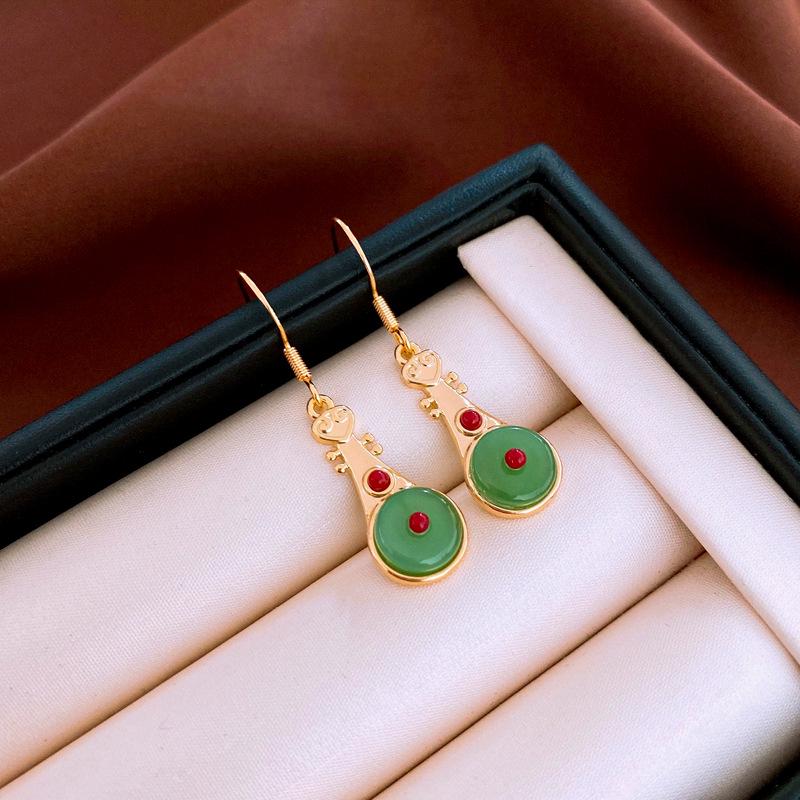 

Позолоченные серьги-кисточки в стиле ханьфу с геометрическим дизайном и имитацией нефрита для женщин