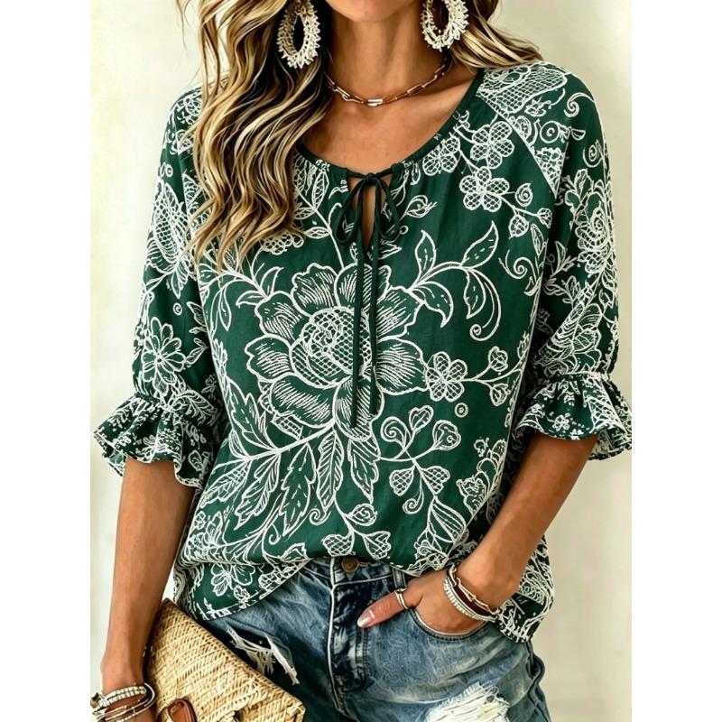 Women's Brown Lace Floral Print Tie Front Blouse, Casual Loose Top for Spring Summer Daily Wear