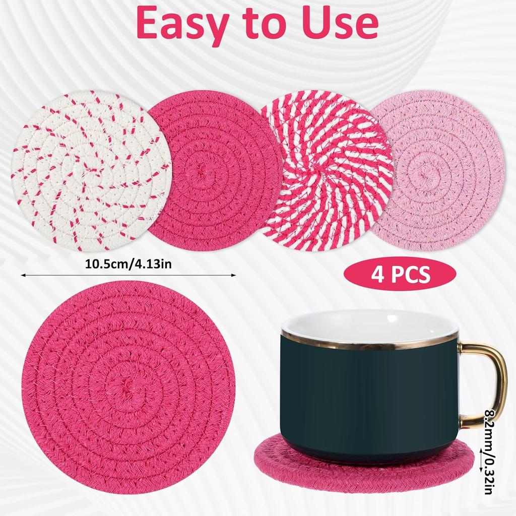 4PCS Round Cotton Coasters, Handmade Woven Drink Coasters, Minimalist Absorbent Coaster for Tabletop Protection and Home Decor, Bohemian Coaster for
