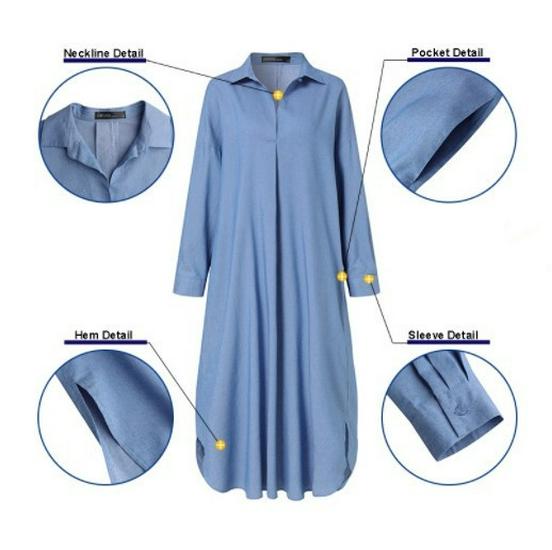 New Arrival: Elegant Retro Button-Down Long Shirt Dress with Full Sleeves and Solid Color