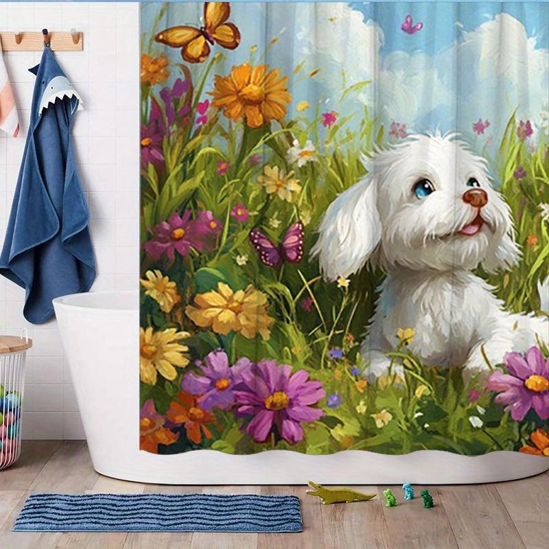 Fluffy White Dog Shower Curtain - Spring Scene With Flowers & Butterflies, Polyester, 12 Hooks, 70.8X70.8 Inches, Easy To Clean