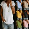Women V Neck Lace Patchwork Short Sleeve Loose Casual Comfortable Summer New T Shirt Top