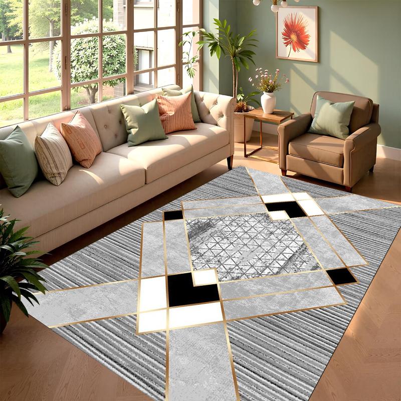 Modern Luxury Geometric Gold Foil Rectangular Carpet Abstract Striped Decorative Floor Mat for Living Room Bedroom Home Decor