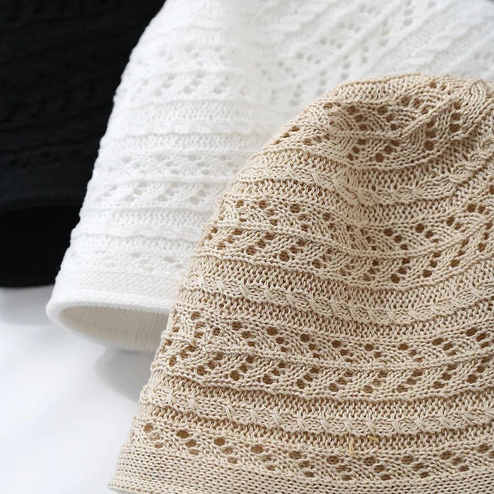 Knitted Bucket Hat Breathable Sun Hat Casual Hollow Beach Cap  Spring and Summer