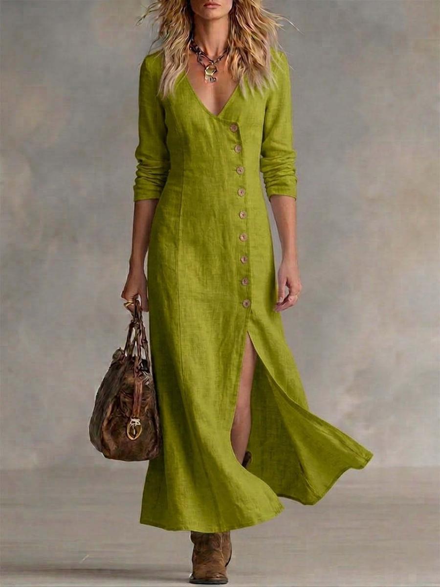 

New Spring Summer Fashion Casual Cotton Linen Long Sleeve Buttoned Collar Women s Dress 3XL шартрез