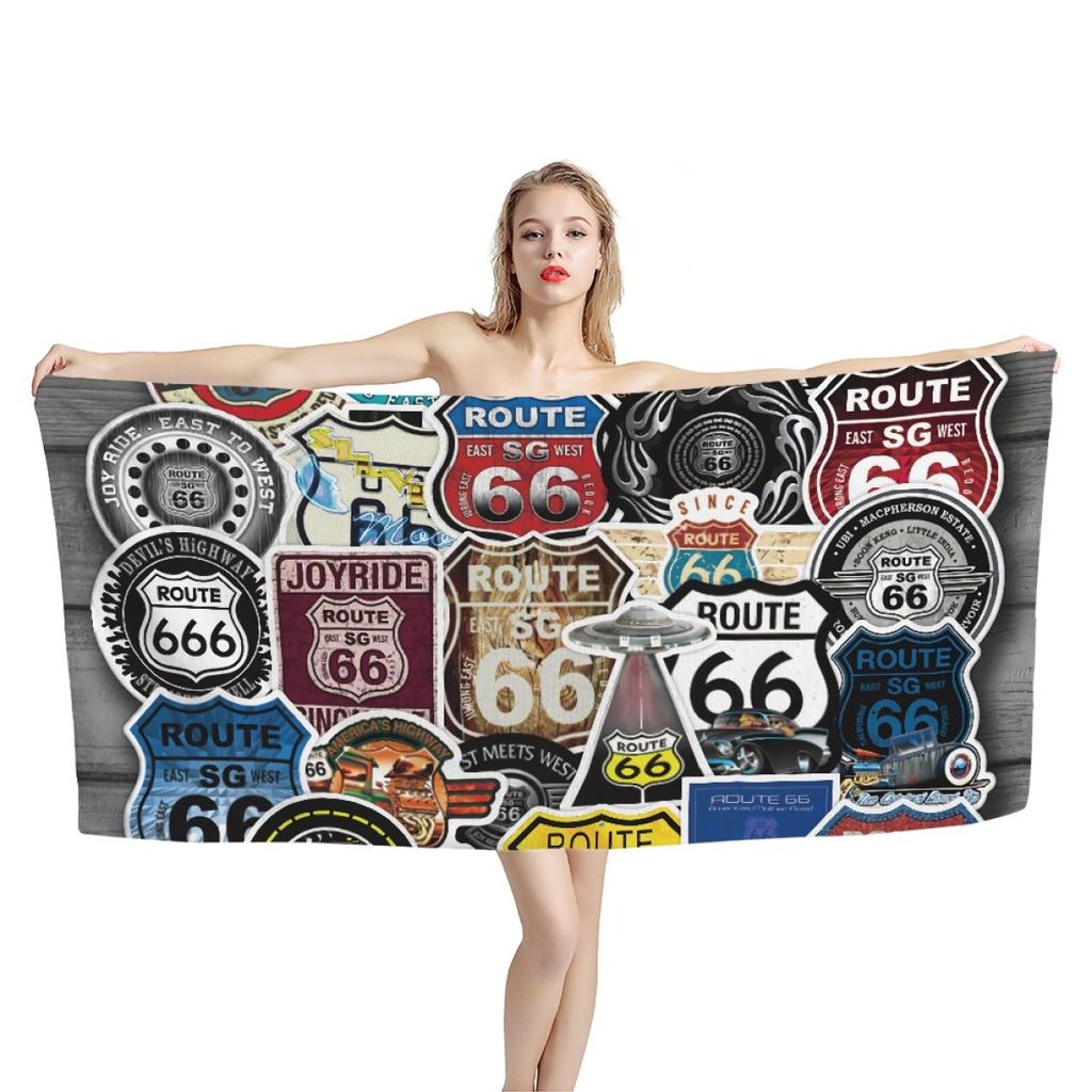 Historic Route 66 Beach Towel America's Main Street Motorcycle Retro Road Absorbent Bath Towel for Boys Men Travel Hotel Towel