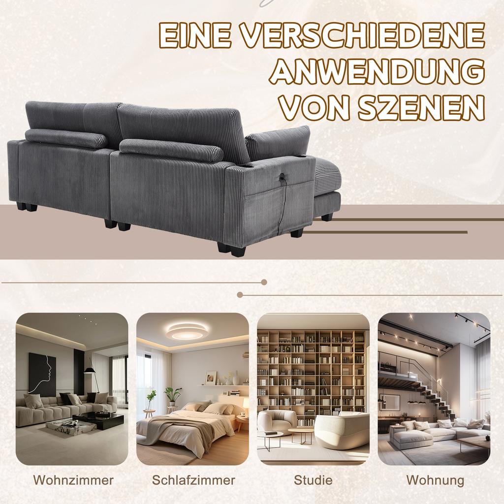 Graues Kord-Sofa 2-Sitzer, teilbar in 2 Sitze, 2 Kissen, 4 Getränkehalter, 4 Taschen, USB-Anschlüsse an den Armlehnen, für Wohnzimmer, Schlafzimmer und Arbeitszimmer