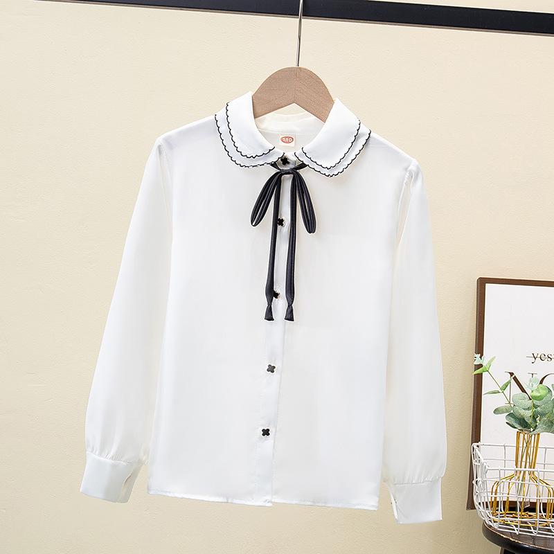 

Рубашка с длинным рукавом для девочек Весна Осень Шифон Белая футболка Кардиган на пуговицах Футболка с лацканами для студенческой униформы Топы 150