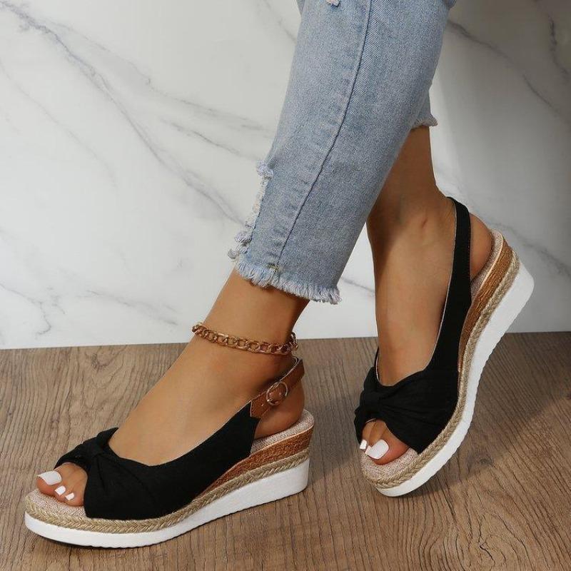 

Sandals large size foreign trade hemp rope bow wedge heel one word belt women s shoes professional style 36 чёрный