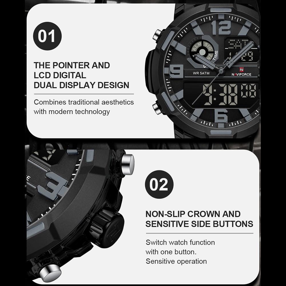 NAVIFORCE Original Men Dual Time Watch Quartz Movement LCD Digital Silicone Strap Waterproof Calendar Date Night Pattern Men Watch NF7130