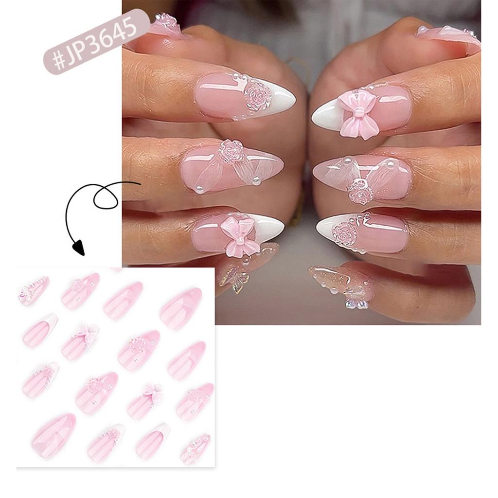24 Pcs White French Tip Press On Nail Almond Shape Acrylic Nail Flowers Full Cover Stick On Nail 3D Bows False Nail