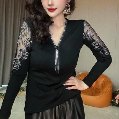 Office Ladies V Neck Beaded Shirt Lace Crochet Splicing Mesh Long Sleeve Spring Shirt Women's Fashion Peplum Tops Large Size
