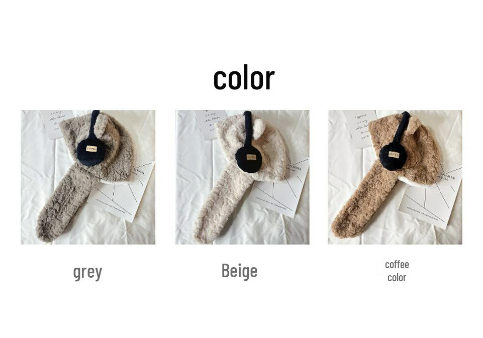 Women's Bear Earphones Hat: Warm Hooded Scarf with Plush Ear and Neck Protection for Autumn/Winter