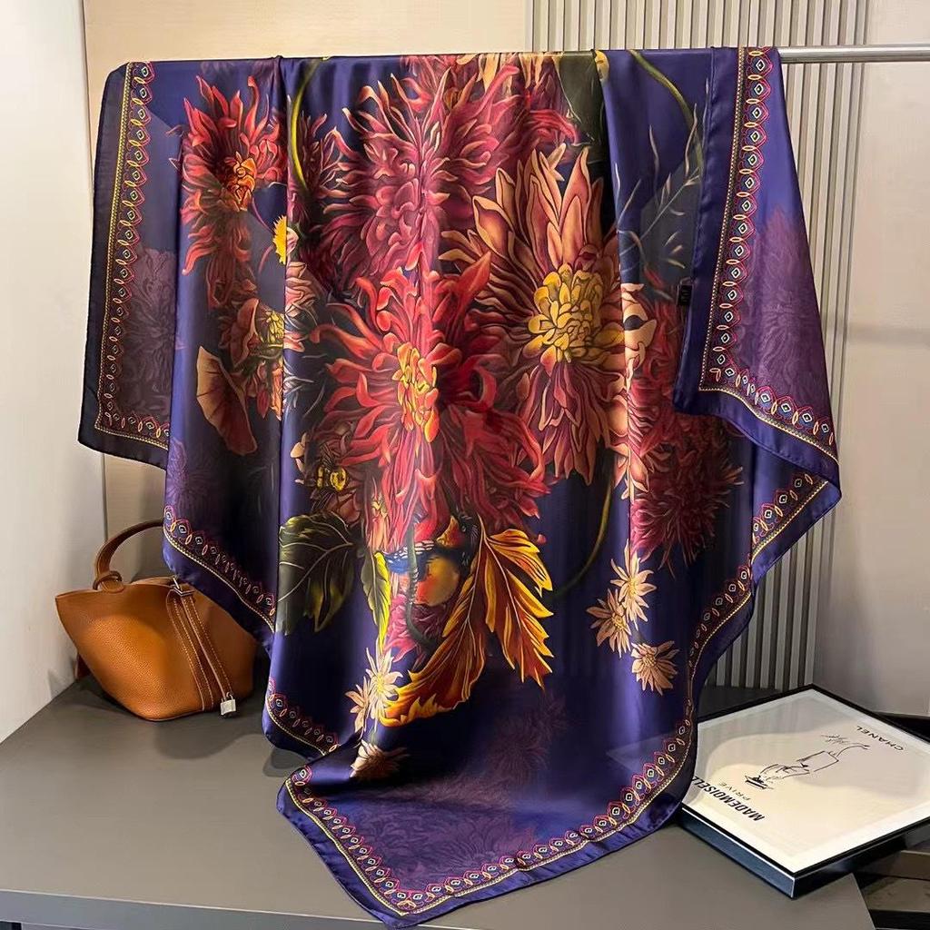 110cm Versatile Women’s Imitation Silk Scarf - Large, Printed, Decorative, Sunscreen Shawl