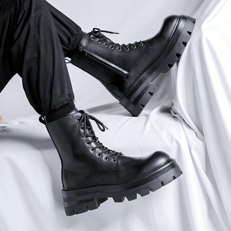 Men Luxury Fashion Platform Boots Lace-up Genuine Leather Shoes Spring Autumn Boot Stage Nightclub Stylish High Motorcycle Botas