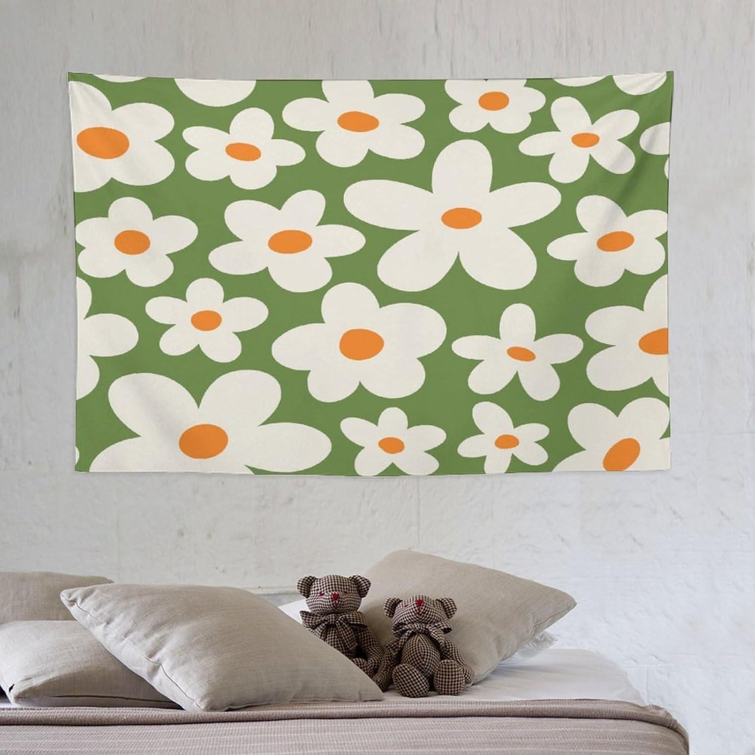 1pc Green and white daisy pattern tapestry, polyester fabric, machine washable, suitable for bedroom and living room decoration. 100X70CM