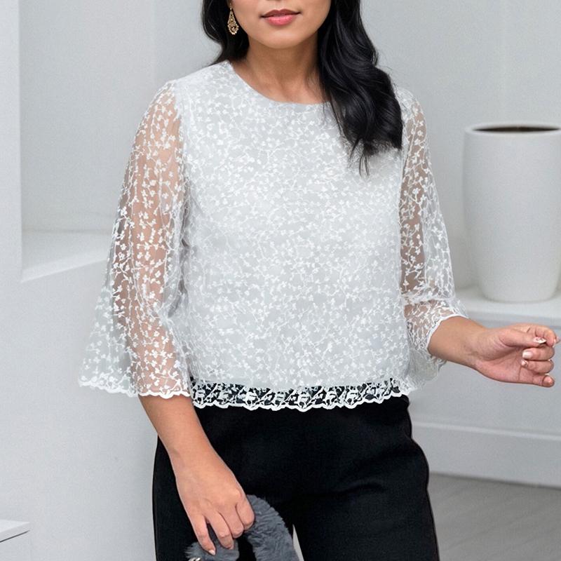 

ZANZEA Женская повседневная блузка с круглым вырезом, рукавами 3/4, сетчатыми кружевными вставками 4XL белый