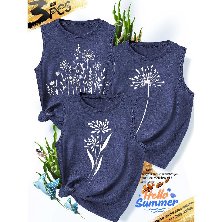 2026New Women's vest3Pieces Dandelion Wildflower Print Simple, Stylish, Casual, Versatile, Comfortable, Soft, Skin-friendly Spring/summer Top S-XXL