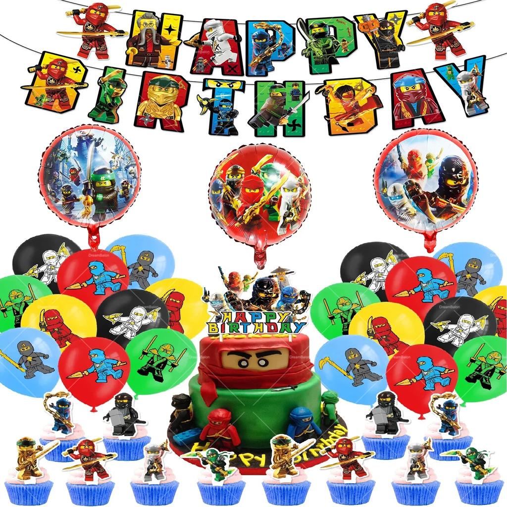 Ninjaed Go Balloons Happy Birthday Banner Legoed Party Decoration Supplies Backdrop Cake Topper Kids Spiral Disposable Tableware