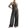 Women Cross Neck Halter Wide Leg Jumpsuit Solid Color Pleated Backless Elegant Long Pants Romper