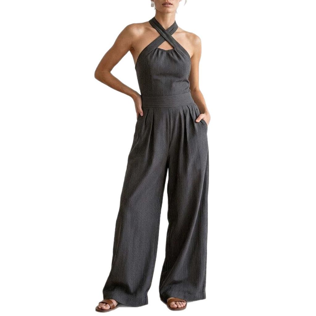 Women Cross Neck Halter Wide Leg Jumpsuit Solid Color Pleated Backless Elegant Long Pants Romper