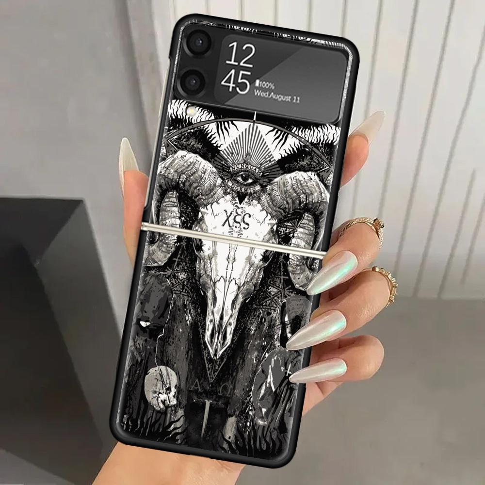 Satanic Goat Satan Devil Hard PC Phone Case For Samsung Galaxy Z Flip 7 6 5 4 3 Black ZFlip7 ZFlip6 Flip5 Flip4 Flip3 5G Print C