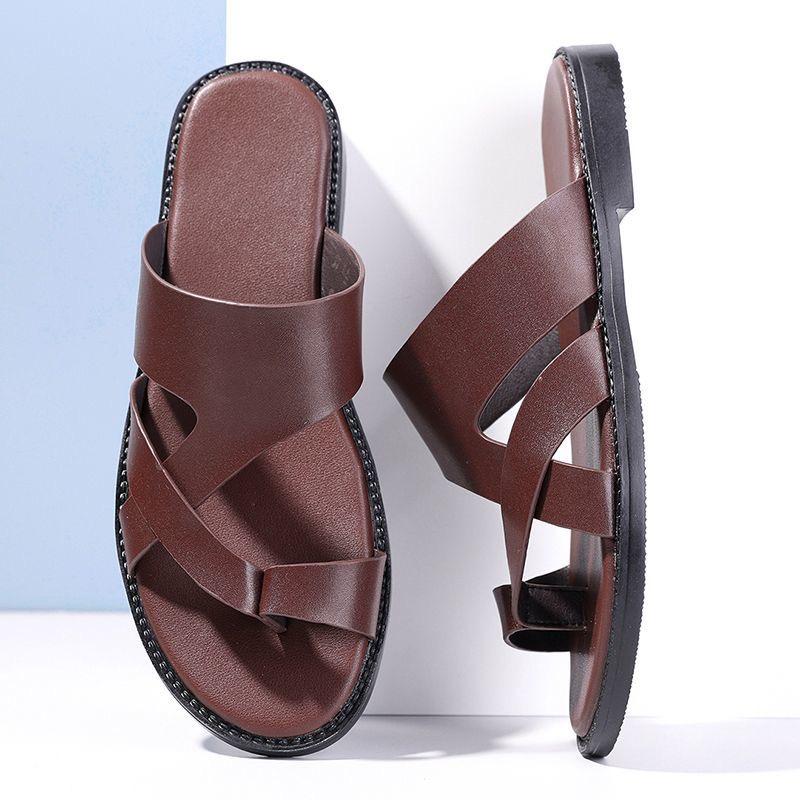 Men Black Leather Slippers Simple Flats Flip Flop Summer Brown Outdoor Roman Sandals Outdoor Beach Shoes for Father Over Sized